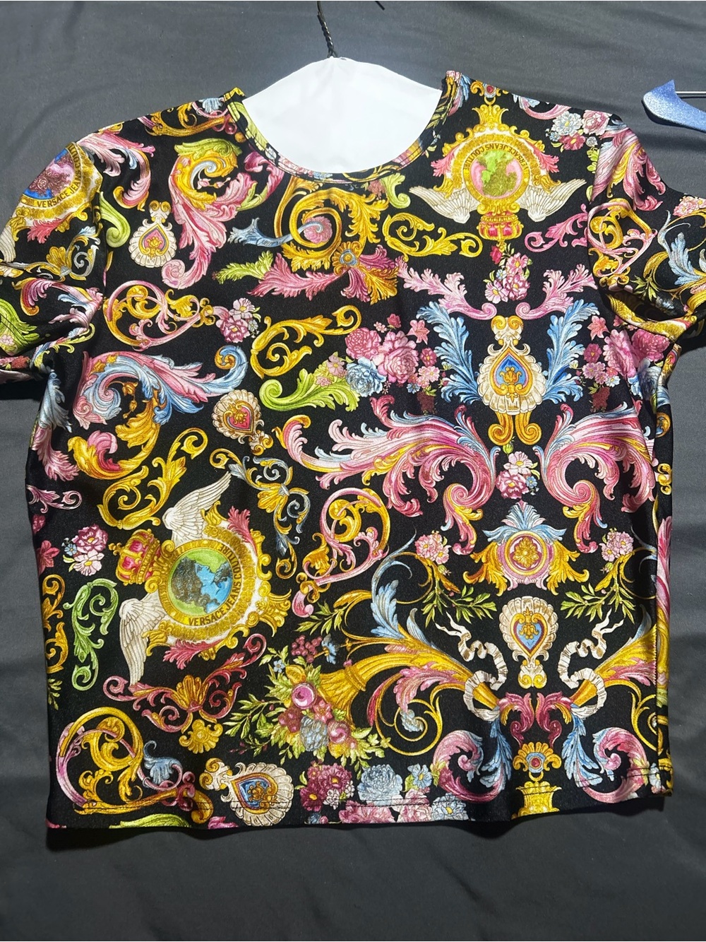 Baroque Print Short Sleeve Top Black with Multicolor Scrolls